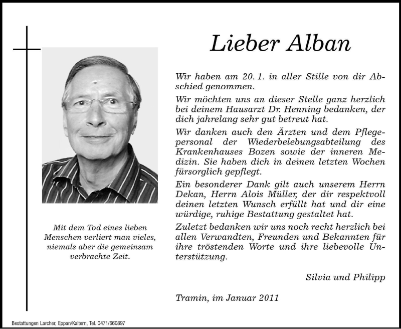  Traueranzeige für Alban  vom 25.01.2011 aus Dolomiten