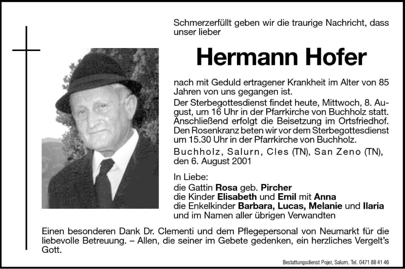  Traueranzeige für Hermann Hofer vom 08.08.2001 aus Dolomiten