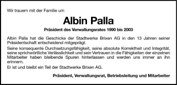 Traueranzeige von Albin Palla von Dolomiten