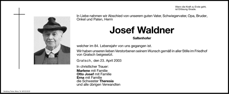  Traueranzeige für Josef Waldner vom 26.04.2003 aus Dolomiten