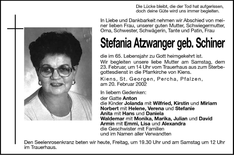  Traueranzeige für Stefania Atzwanger vom 22.02.2002 aus Dolomiten