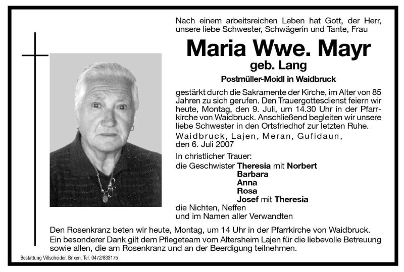  Traueranzeige für Maria Mayr vom 09.07.2007 aus Dolomiten