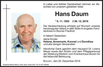 Traueranzeige von Hans Daum von Dolomiten