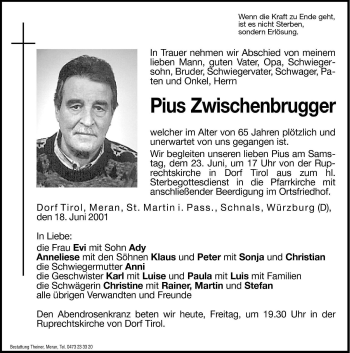 Traueranzeige von Pius Zwischenbrugger von Dolomiten