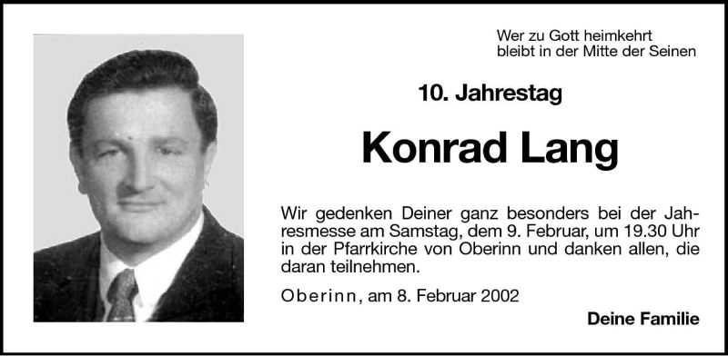  Traueranzeige für Konrad Lang vom 08.02.2002 aus Dolomiten