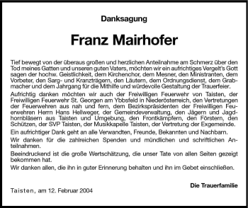 Traueranzeige von Franz Mairhofer von Dolomiten