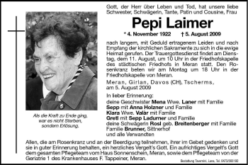 Traueranzeige von Pepi Laimer von Dolomiten