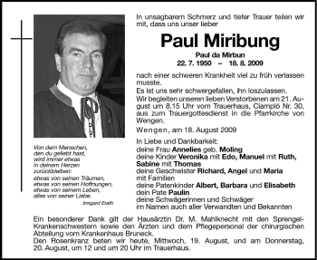 Traueranzeige von Paul Miribung von Dolomiten