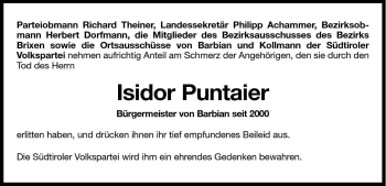 Traueranzeige von Isidor Puntaier von Dolomiten