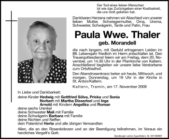 Traueranzeige von Paula Thaler von Dolomiten