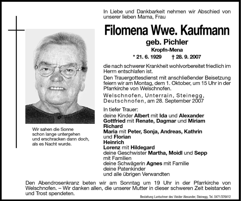  Traueranzeige für Filomena Kaufmann vom 29.09.2007 aus Dolomiten