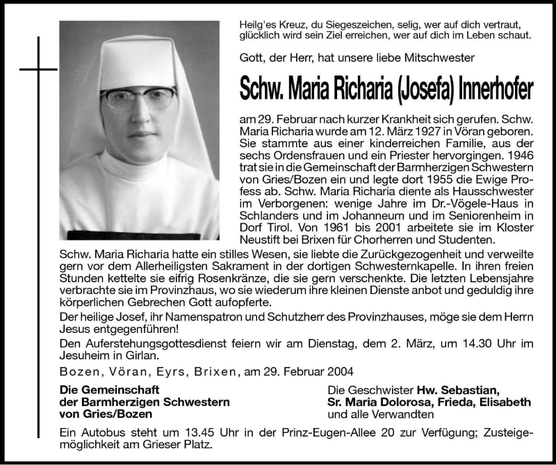  Traueranzeige für Maira Richaria (Josefa) Innerhofer vom 01.03.2004 aus Dolomiten