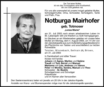 Traueranzeige von Notburga Mairhofer von Dolomiten