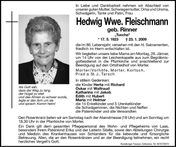 Traueranzeige von Hedwig Fleischmann von Dolomiten
