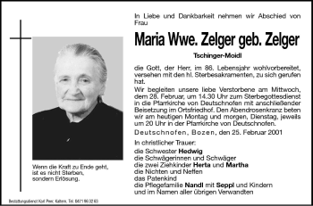 Traueranzeige von Maria Zelger von Dolomiten