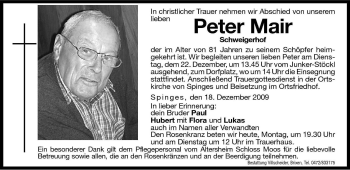 Traueranzeige von Peter Mair von Dolomiten