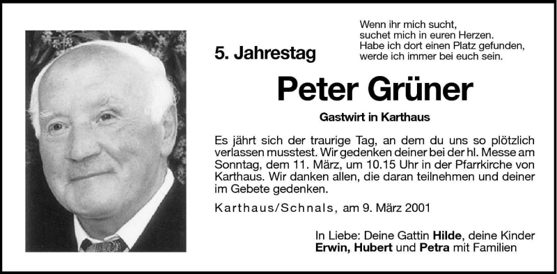  Traueranzeige für Peter Grüner vom 09.03.2001 aus Dolomiten