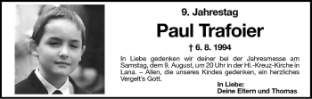 Traueranzeige von Paul Trafoier von Dolomiten