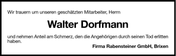 Traueranzeige von Walter Dorfmann von Dolomiten