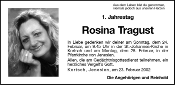 Traueranzeige von Rosina Tragust von Dolomiten