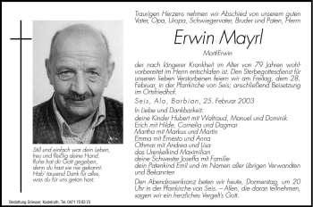Traueranzeige von Erwin Mayrl von Dolomiten
