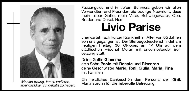  Traueranzeige für Livio Parise vom 30.10.2009 aus Dolomiten