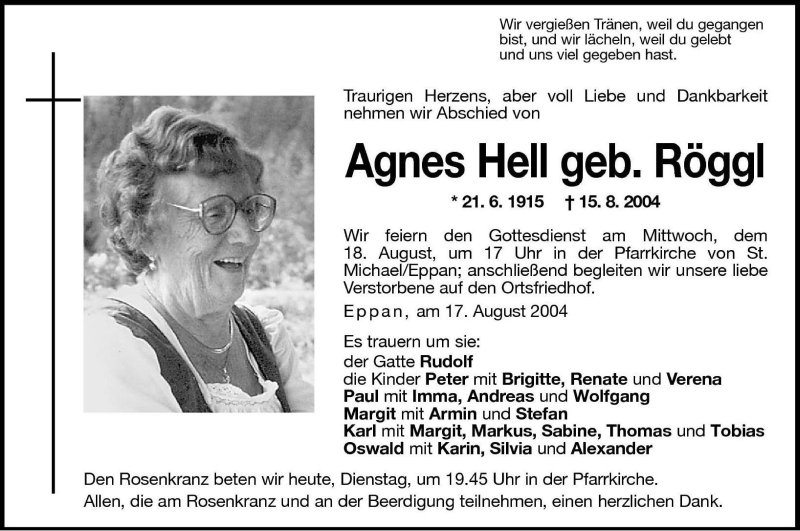  Traueranzeige für Agnes Hell vom 17.08.2004 aus Dolomiten