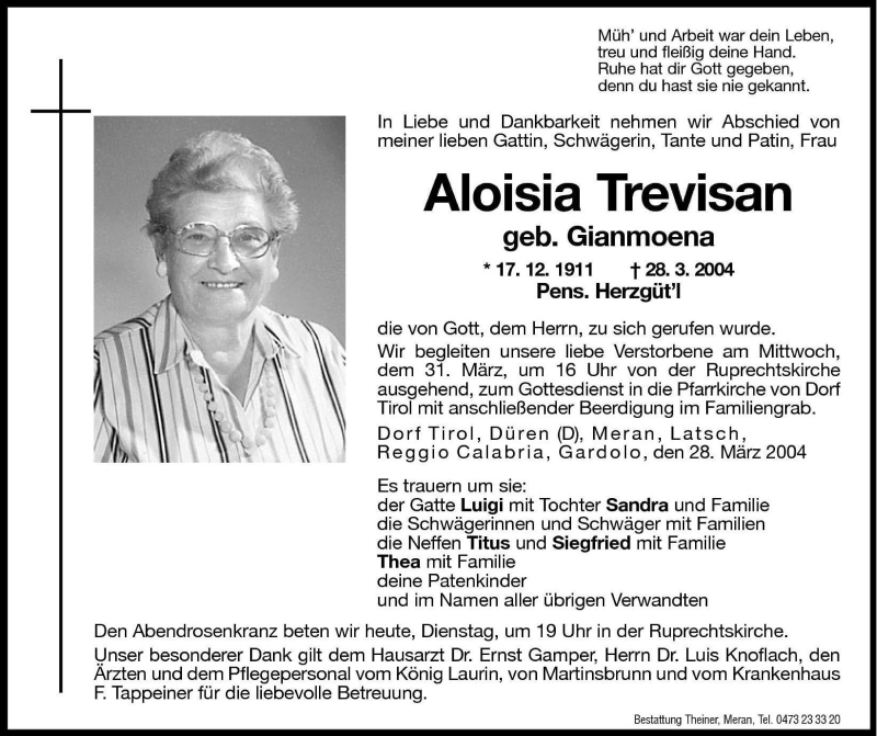  Traueranzeige für Aloisia Trevisan vom 30.03.2004 aus Dolomiten