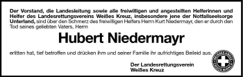 Traueranzeige von Hubert Niedermayr von Dolomiten