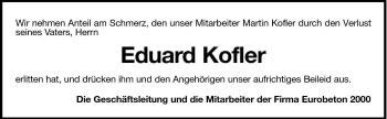 Traueranzeige von Eduard Kofler von Dolomiten