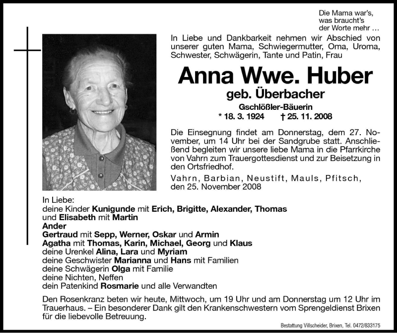  Traueranzeige für Anna Huber vom 26.11.2008 aus Dolomiten