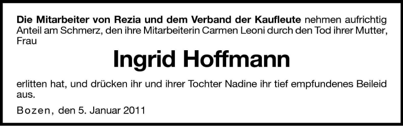  Traueranzeige für Ingrid Hoffmann vom 05.01.2011 aus Dolomiten