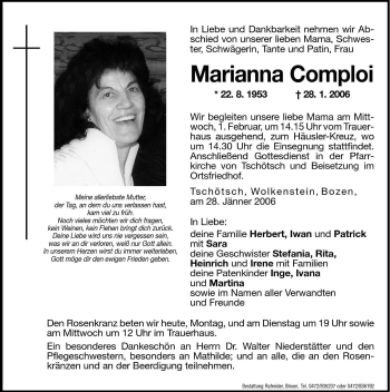 Traueranzeige von Marianna Comploi von Dolomiten