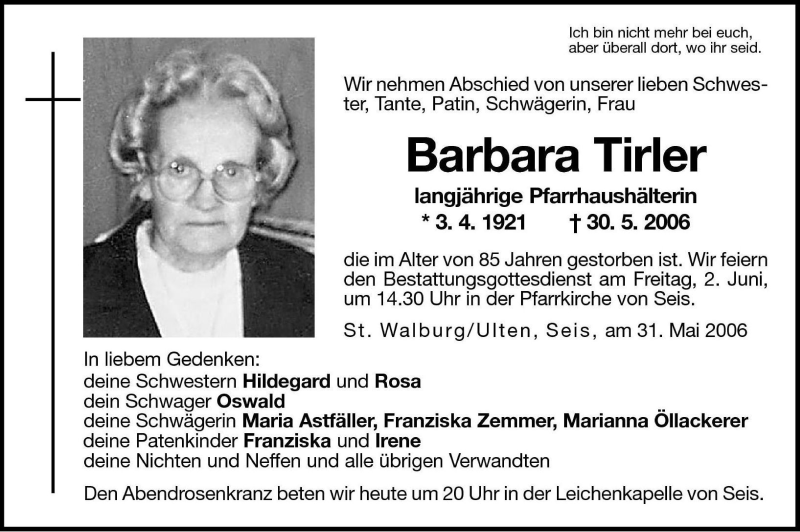  Traueranzeige für Barbara Tirler vom 01.06.2006 aus Dolomiten