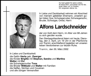 Traueranzeige von Alfons Lardschneider von Dolomiten