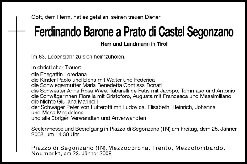  Traueranzeige für Ferdinando Barone a Prato di Castel Segonzano vom 24.01.2008 aus Dolomiten