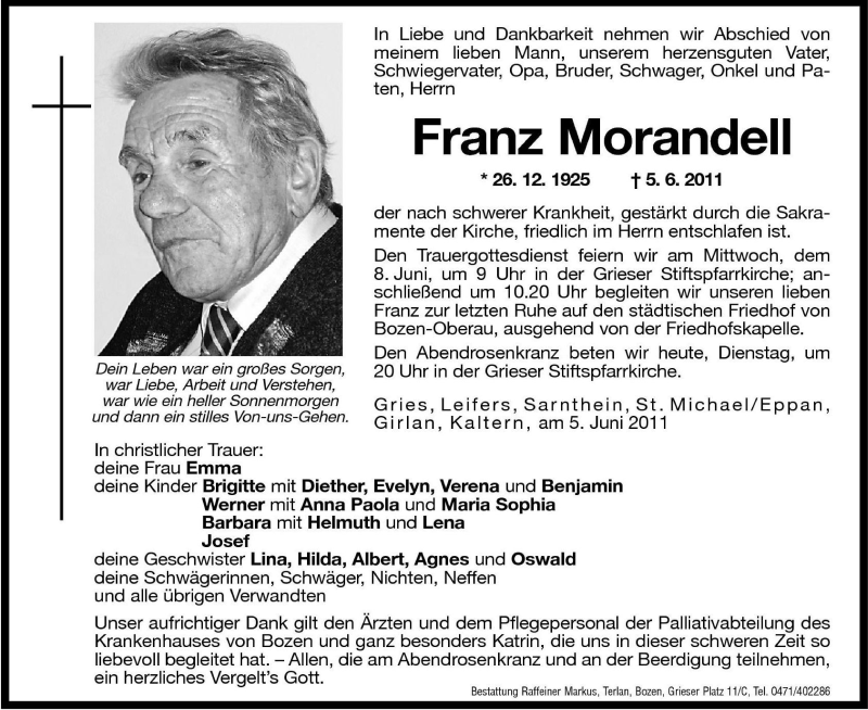  Traueranzeige für Franz Morandell vom 07.06.2011 aus Dolomiten