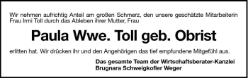 Traueranzeige von Paula Toll von Dolomiten