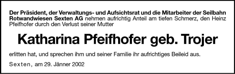  Traueranzeige für Katharina Pfeifhofer vom 30.01.2002 aus Dolomiten