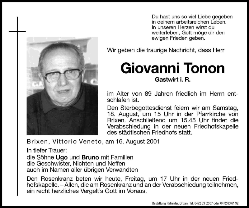  Traueranzeige für Giovanni Tonon vom 17.08.2001 aus Dolomiten