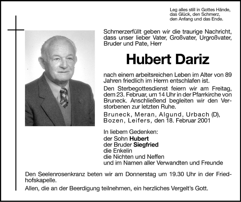  Traueranzeige für Hubert Dariz vom 21.02.2001 aus Dolomiten