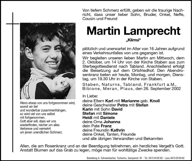  Traueranzeige für Martin Lamprecht vom 30.09.2002 aus Dolomiten