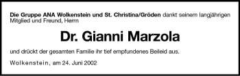 Traueranzeige von Gianni Marzola von Dolomiten