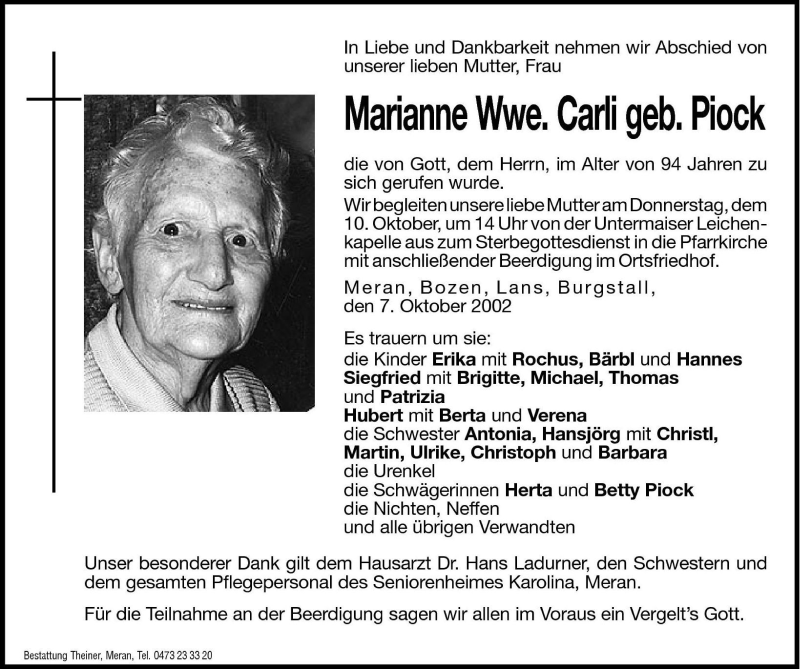  Traueranzeige für Marianne Carli vom 09.10.2002 aus Dolomiten