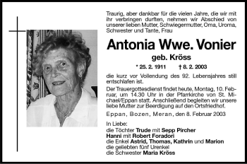 Traueranzeige von Antonia Vonier von Dolomiten