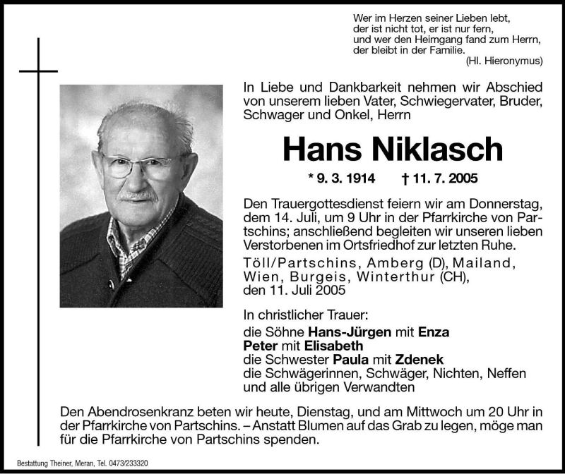  Traueranzeige für Hans Niklasch vom 12.07.2005 aus Dolomiten