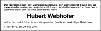 Traueranzeige von Hubert Webhofer von Dolomiten