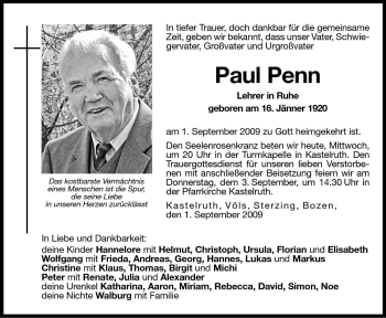 Traueranzeige von Paul Penn von Dolomiten