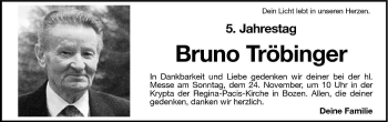 Traueranzeige von Bruno Tröbinger von Dolomiten