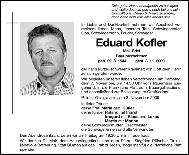  Traueranzeige für Eduard Kofler vom 06.11.2009 aus Dolomiten